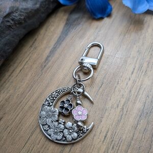 Crescent Moon purse Charm, Black And Pink Flowers Bag Charm, Keychain
